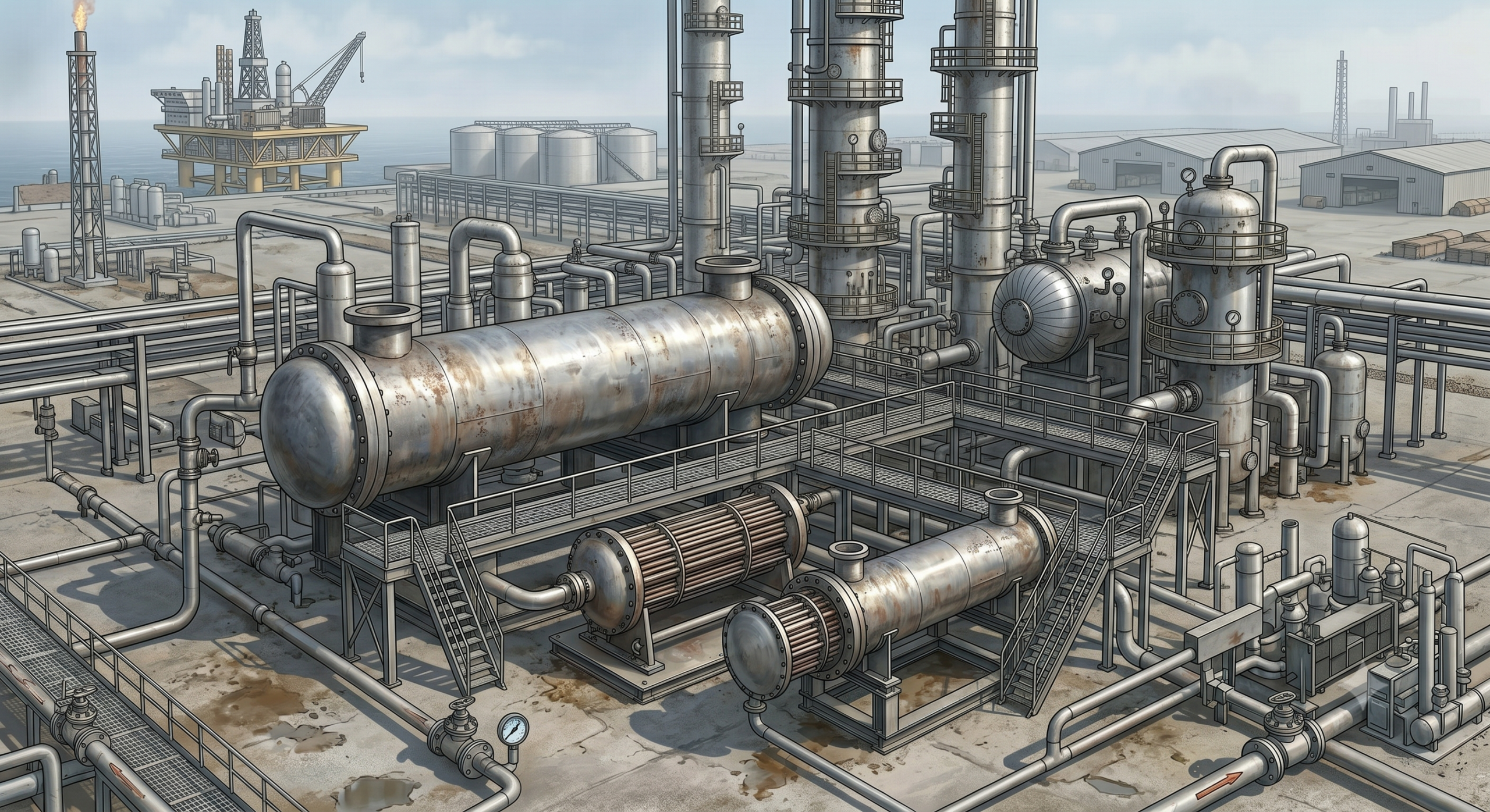 Large shell and tube heat exchangers installed in refinery and petrochemical process units