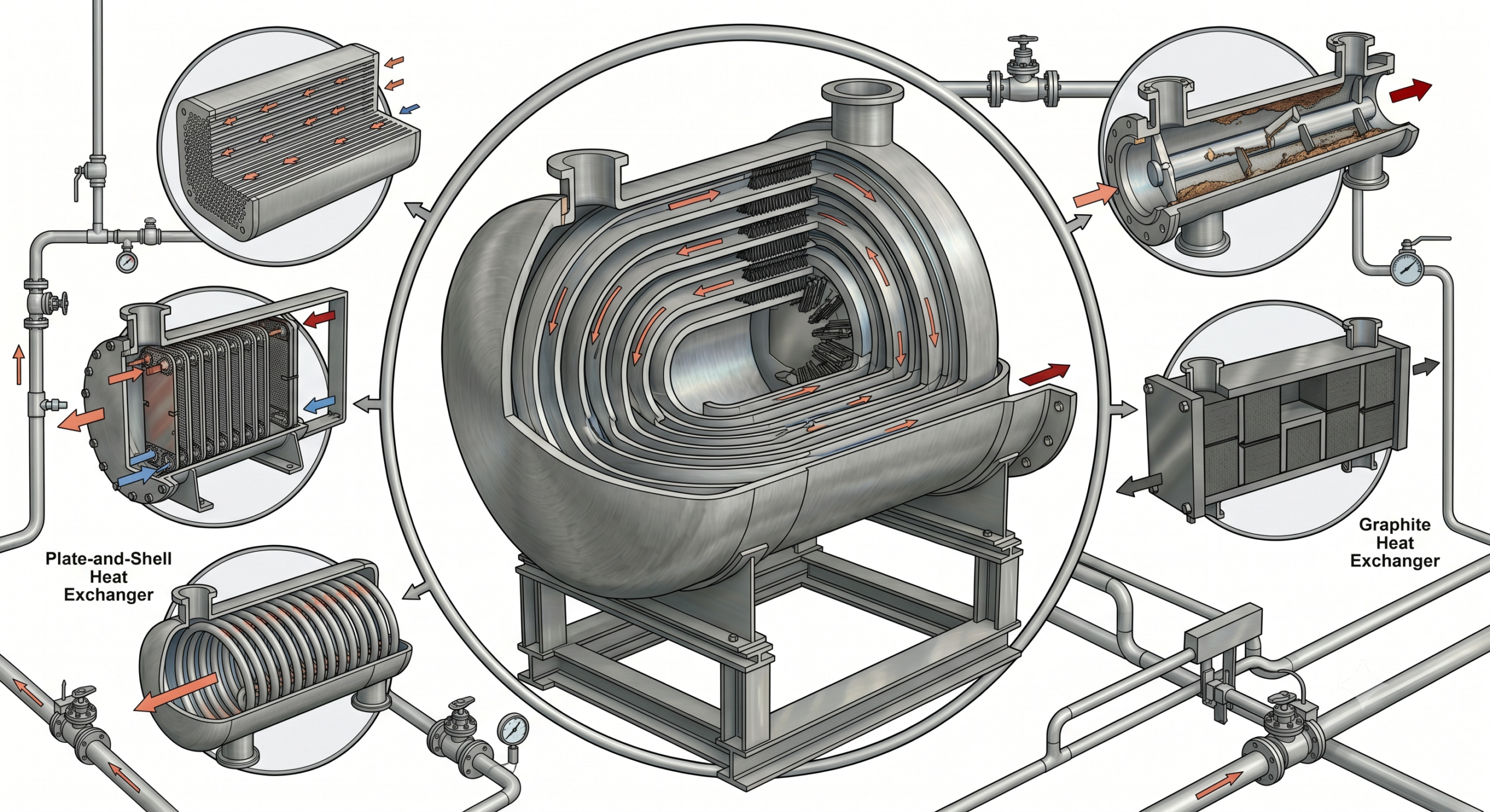Spiral heat exchanger and special industrial heat exchanger designs used for fouling, slurry, viscous fluid, and compact applications