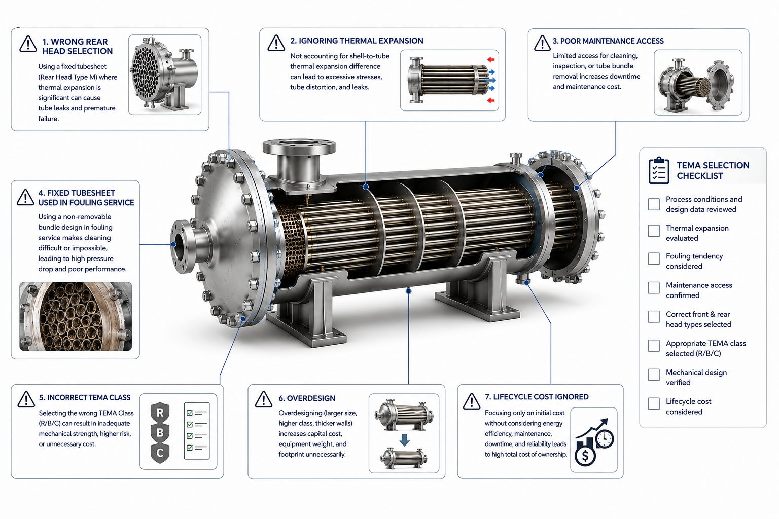 Engineering infographic showing common TEMA selection mistakes for shell-and-tube heat exchangers