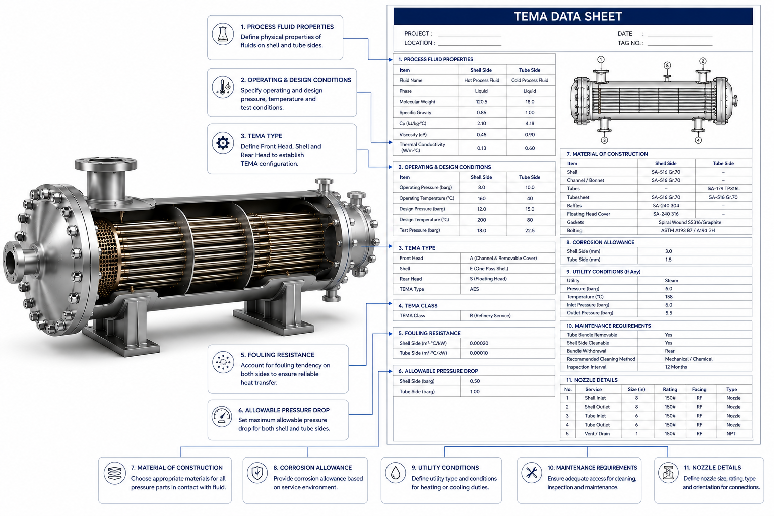Engineering heat exchanger TEMA data sheet highlighting critical specification items for shell and tube exchangers