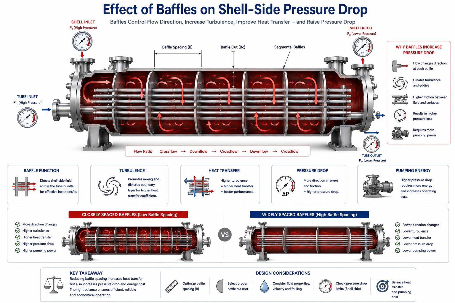 Effect of baffles on shell-side pressure drop in a shell-and-tube heat exchanger