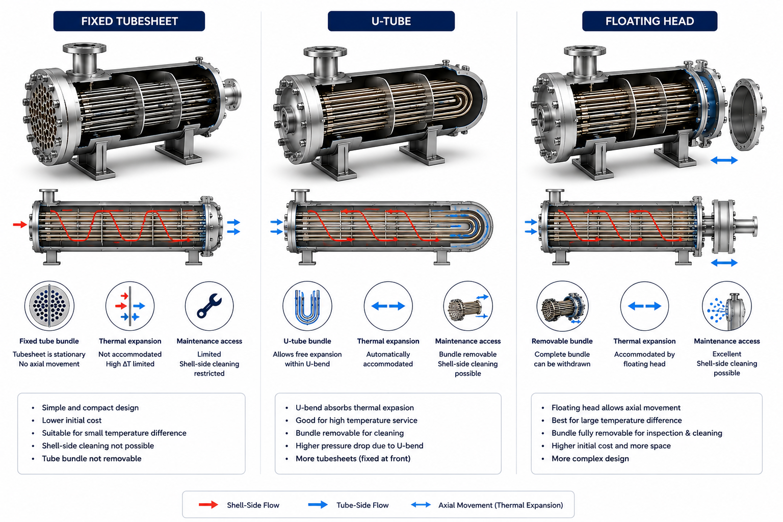 Comparison of Fixed Tubesheet, Floating Head, and U-Tube shell and tube heat exchanger rear head designs