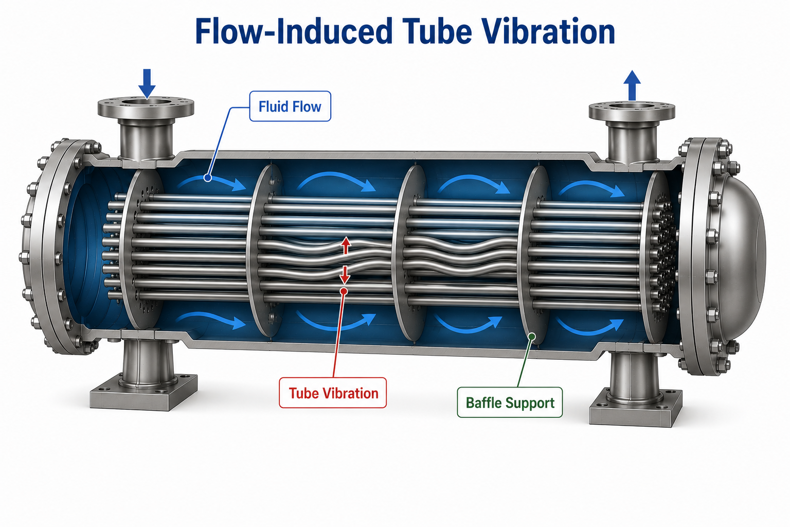 Flow-induced vibration causing tube movement inside a shell and tube heat exchanger