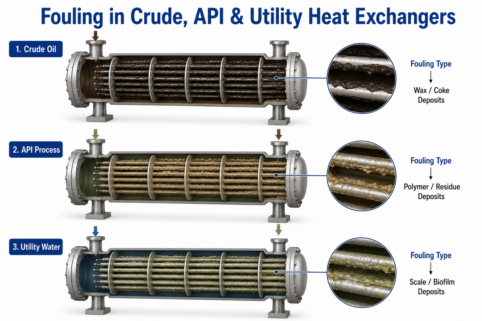Comparison of fouling mechanisms in crude oil, API, and utility heat exchangers