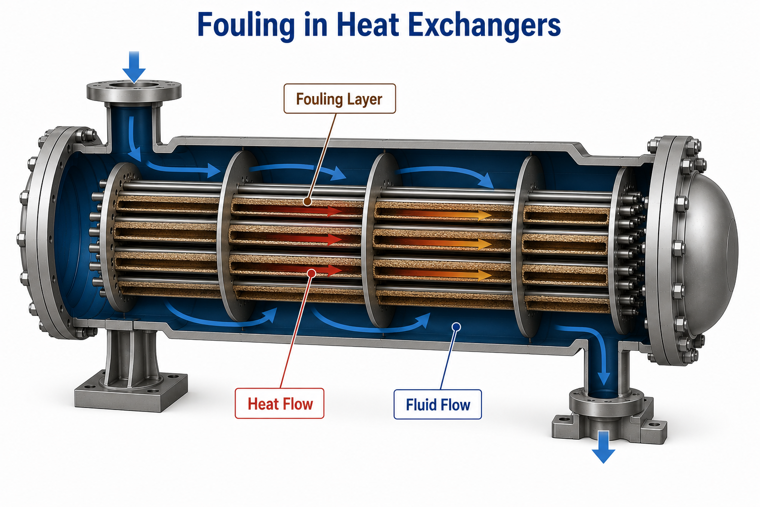 Fouling deposits inside a shell and tube heat exchanger