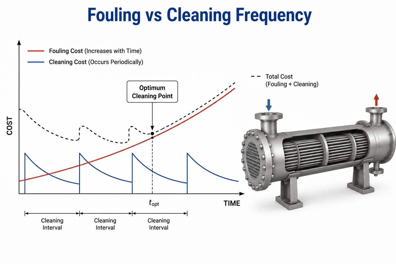 Engineering trade-off between fouling and cleaning frequency in a shell and tube heat exchanger