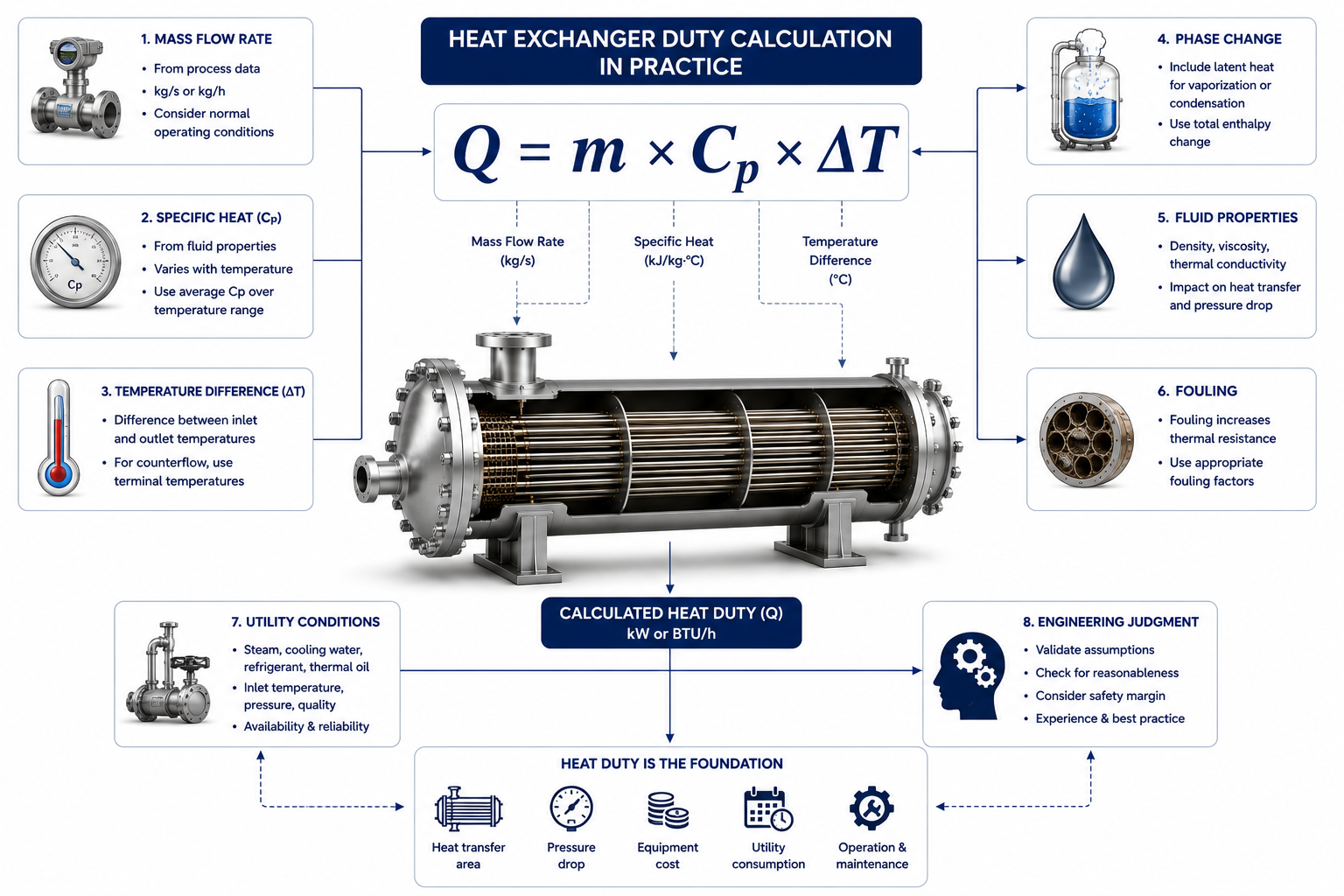 Heat exchanger duty calculation using flow rate specific heat and temperature difference in industrial thermal design