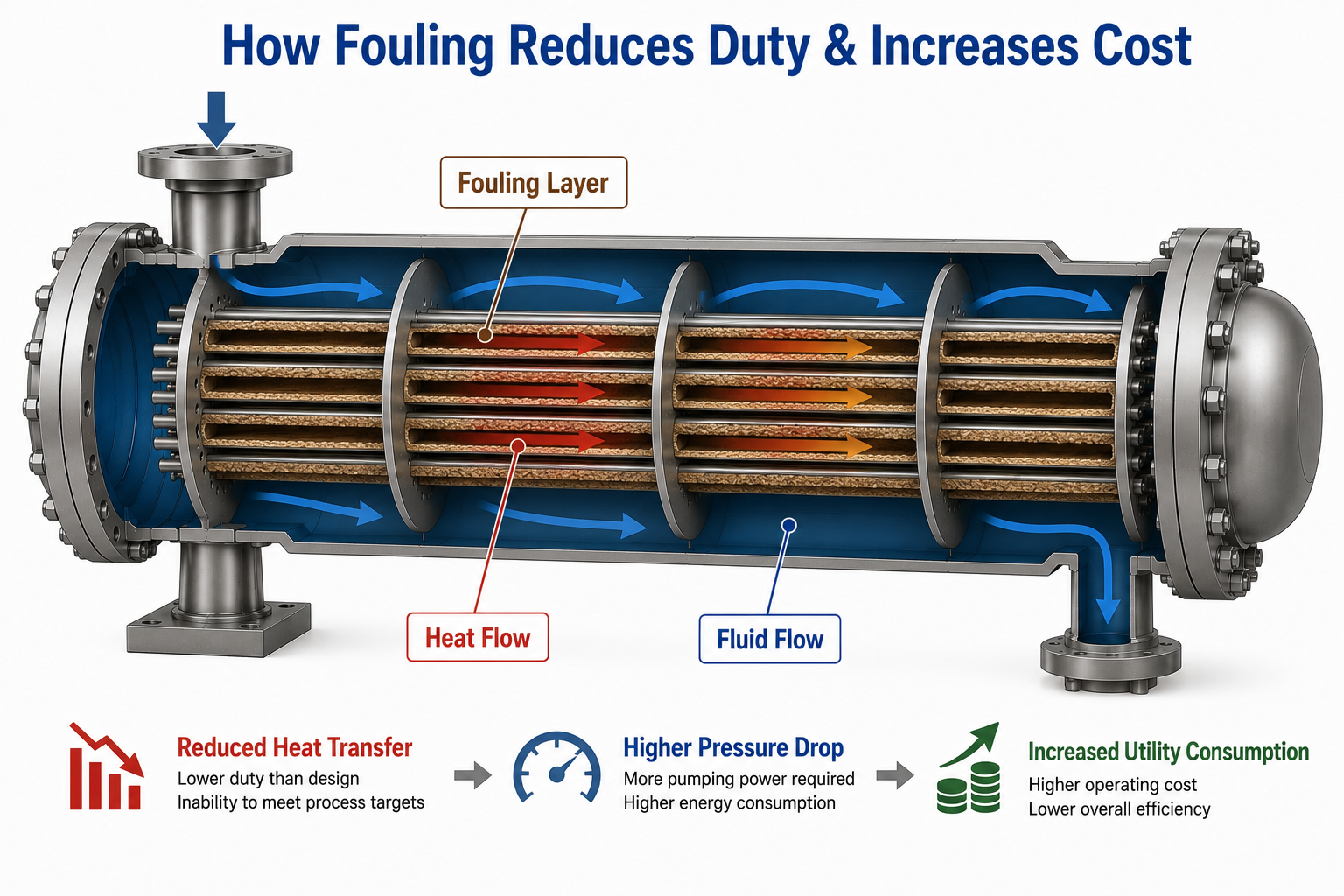 Fouling reducing heat transfer duty and increasing operating costs in a shell and tube heat exchanger