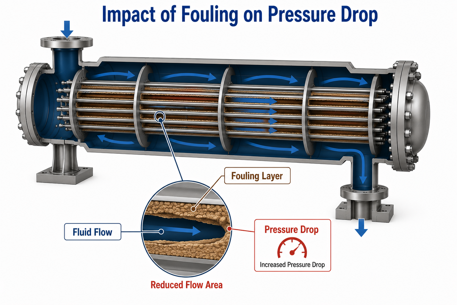 Fouling increasing pressure drop inside a shell and tube heat exchanger