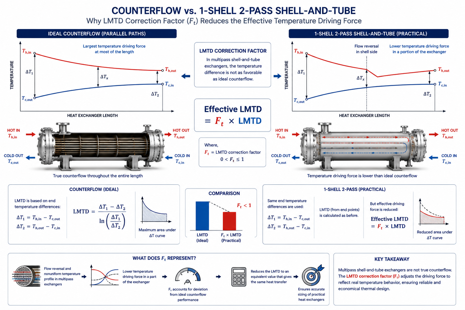 LMTD correction factor Ft for shell and tube heat exchanger thermal design