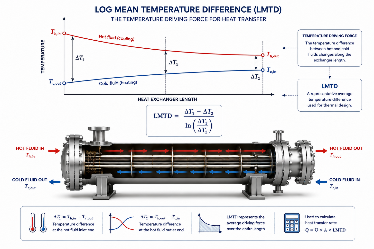 LMTD temperature driving force in shell and tube heat exchanger thermal design