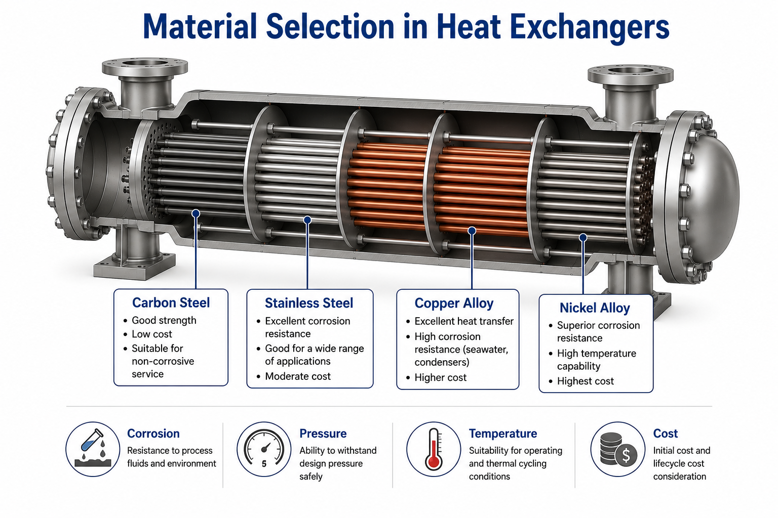 Common materials used in shell and tube heat exchangers