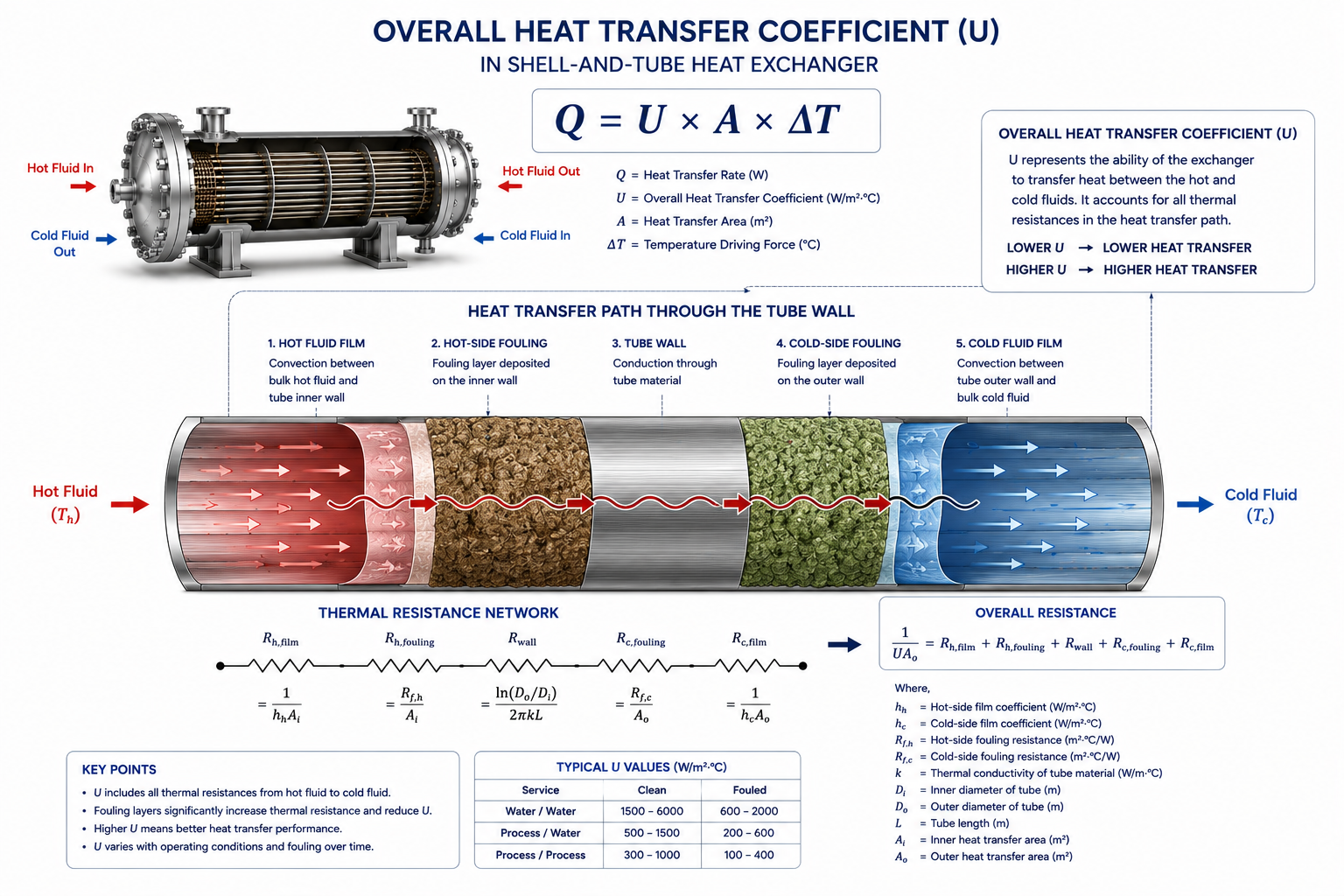 Overall heat transfer coefficient U in shell and tube heat exchanger thermal design