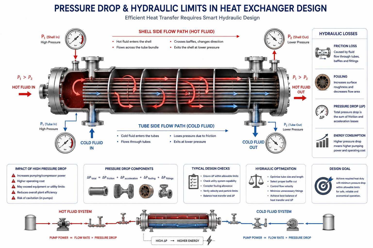 Pressure drop and hydraulic limits affecting shell-and-tube heat exchanger performance