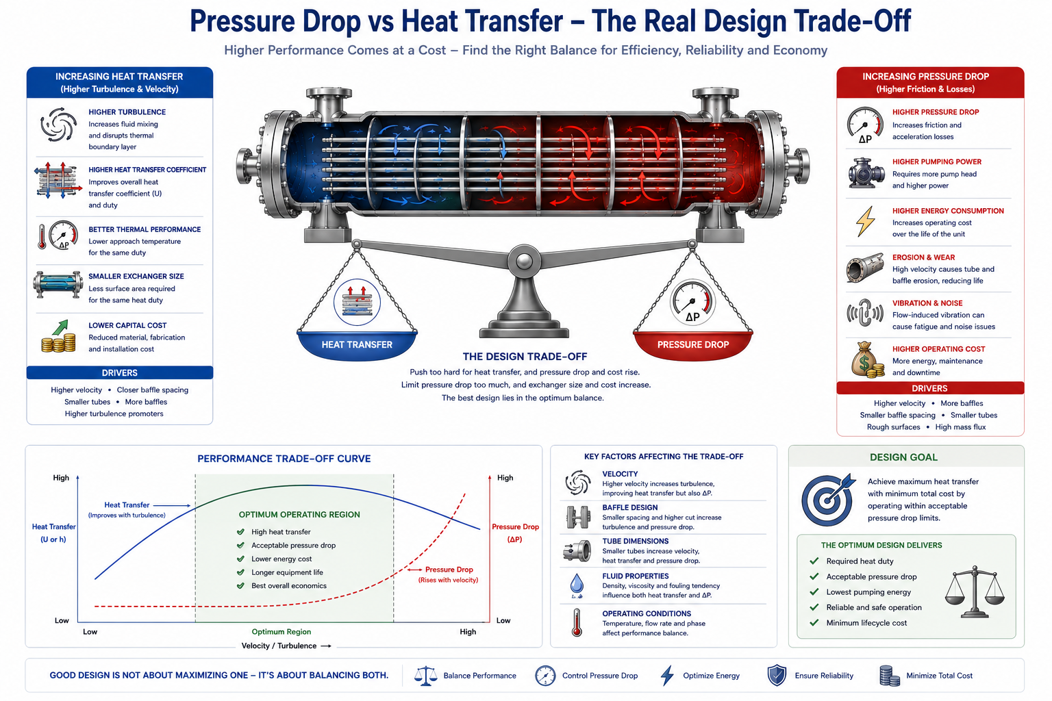 Pressure drop versus heat transfer trade-off in a shell-and-tube heat exchanger