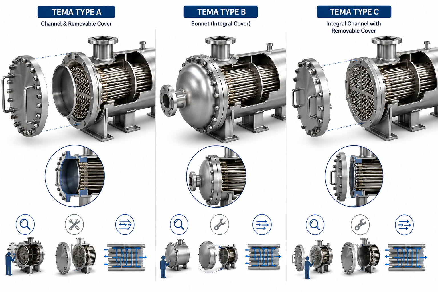 Comparison of TEMA front head types A, B, and C in shell and tube heat exchangers showing construction and maintenance access