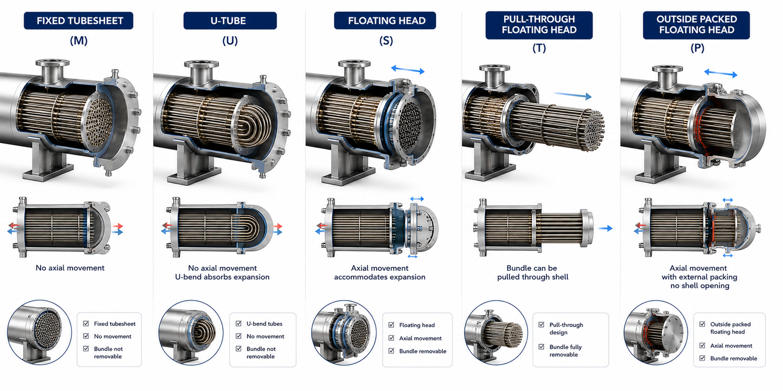 Comparison of TEMA rear head types including fixed tubesheet, U-tube, and floating head designs in shell and tube heat exchangers