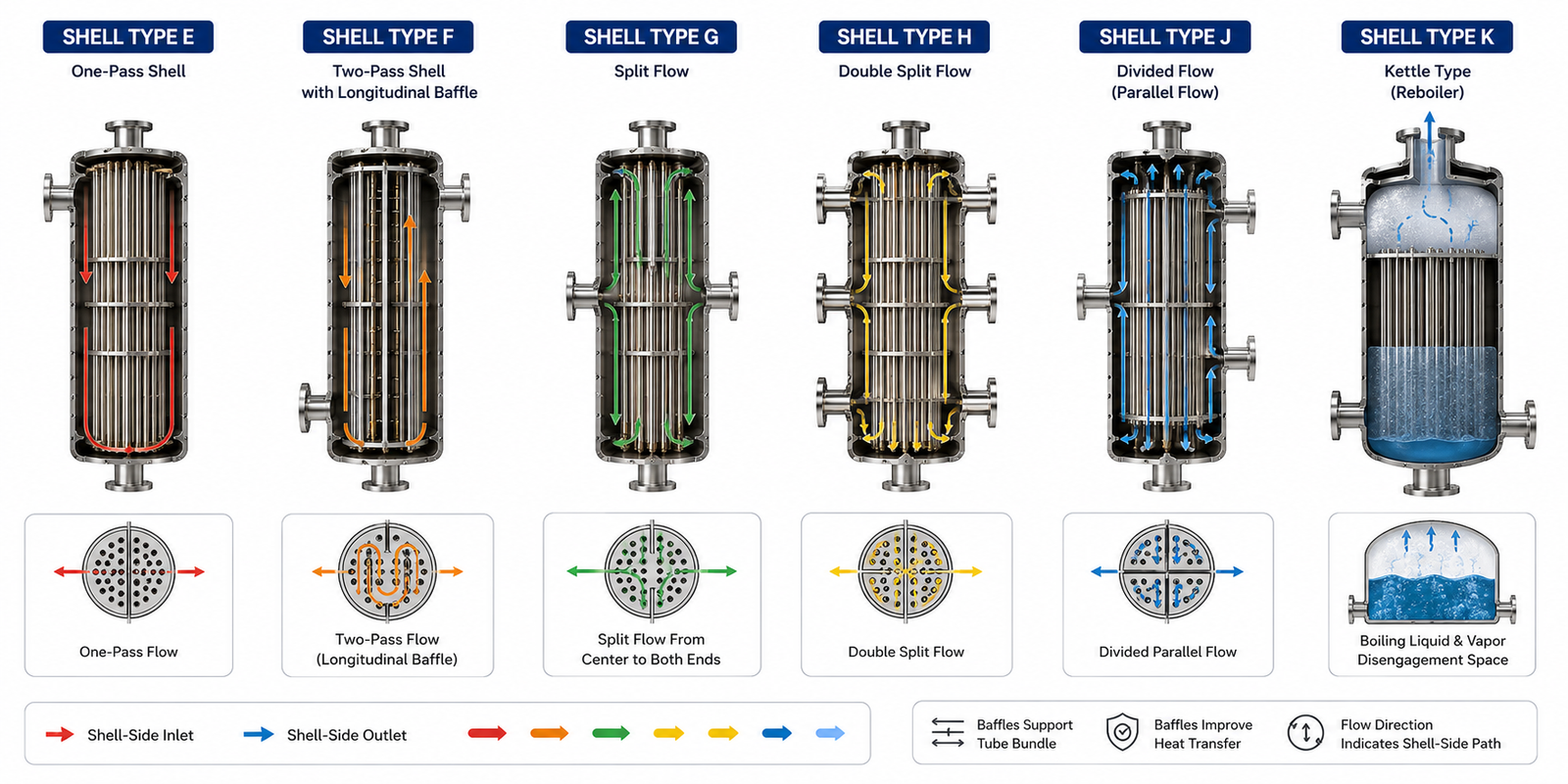 Comparison of TEMA shell types E, F, G, H, J, and K showing different shell-side flow patterns in shell and tube heat exchangers