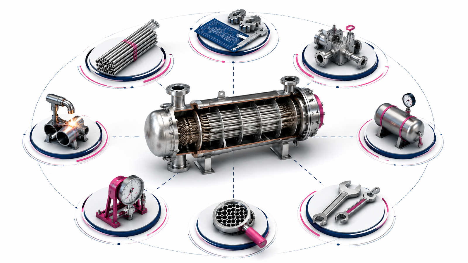 Engineering illustration showing what TEMA standards control in shell and tube heat exchangers including design, fabrication, inspection, and maintenance