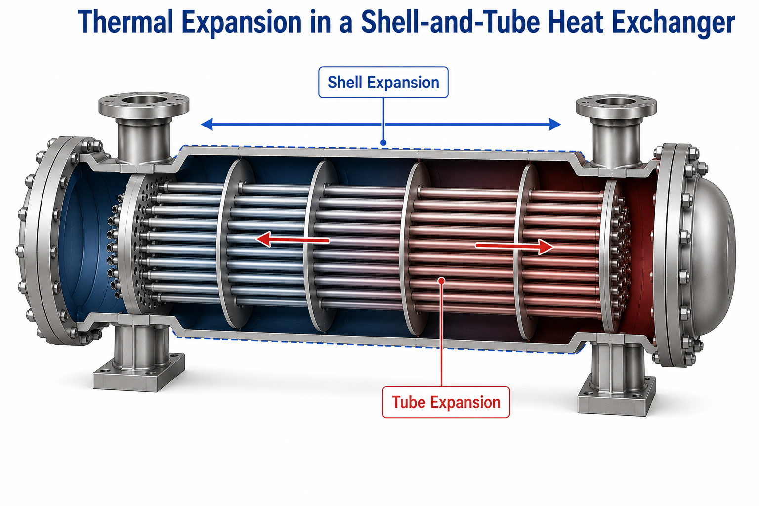 Thermal expansion and differential movement in a shell and tube heat exchanger