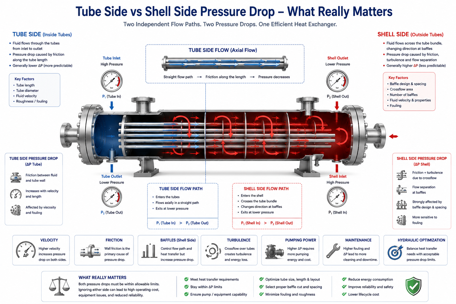 Comparison of tube-side and shell-side pressure drop in a shell-and-tube heat exchanger