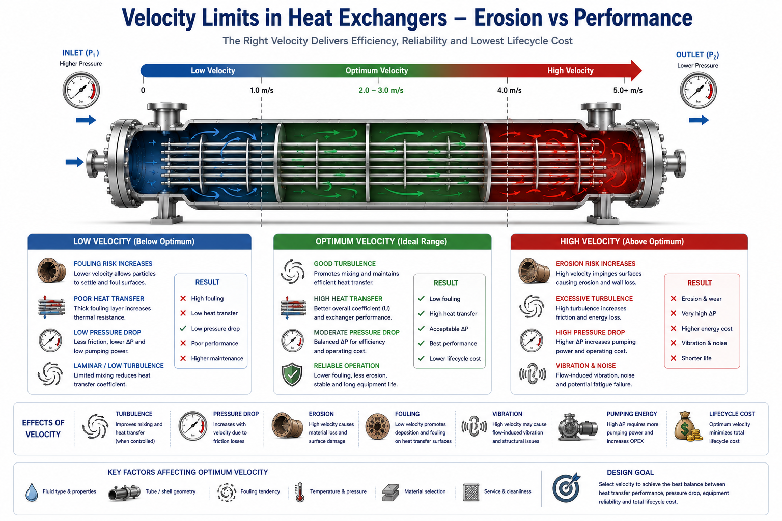 Fluid velocity limits in shell-and-tube heat exchangers showing the balance between erosion and performance