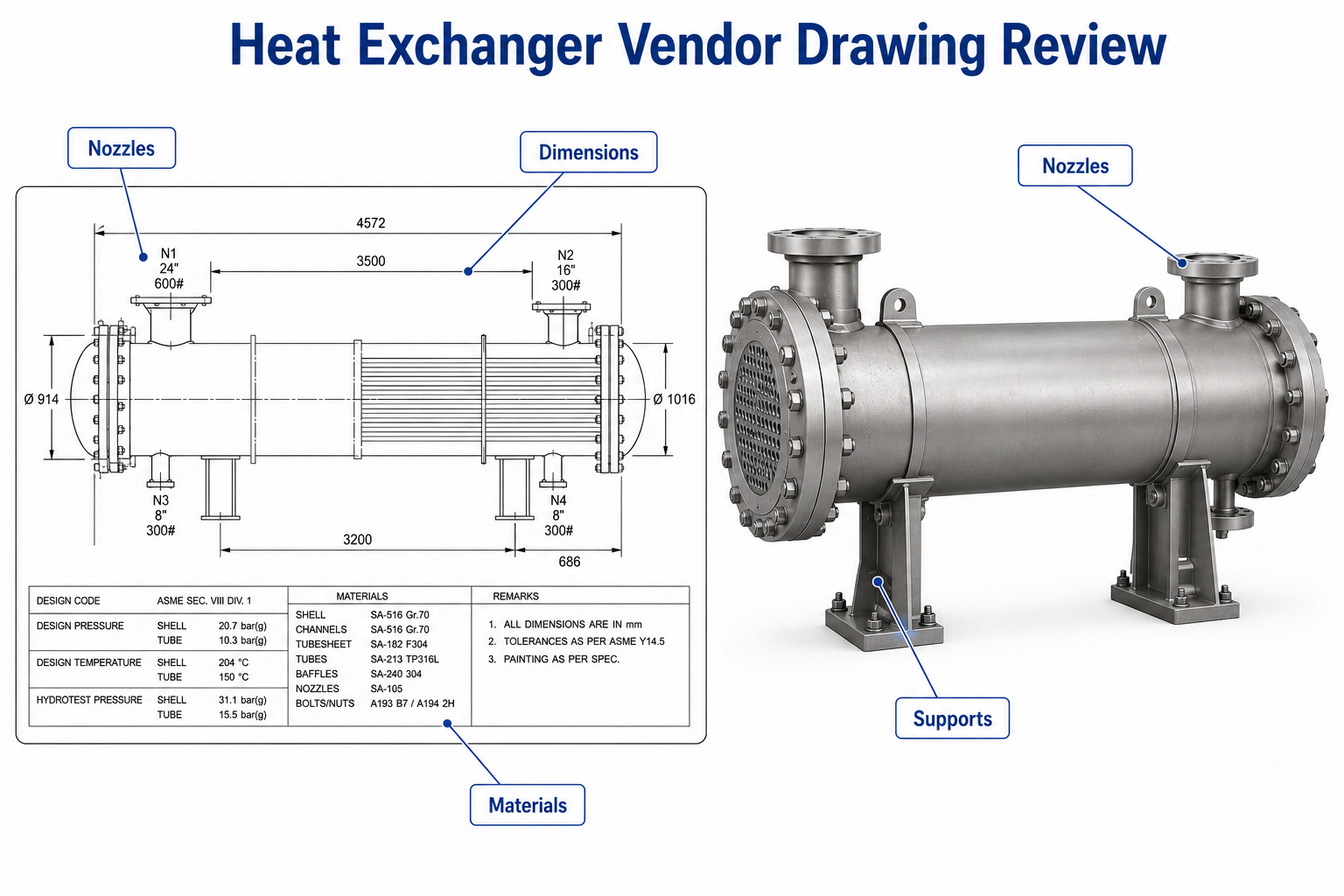 Process engineer reviewing a shell and tube heat exchanger vendor drawing