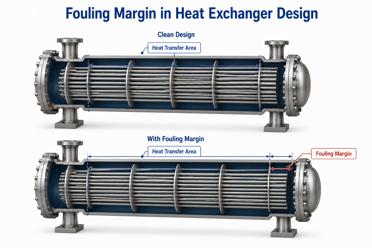 Fouling margin providing additional heat transfer area in a shell and tube heat exchanger