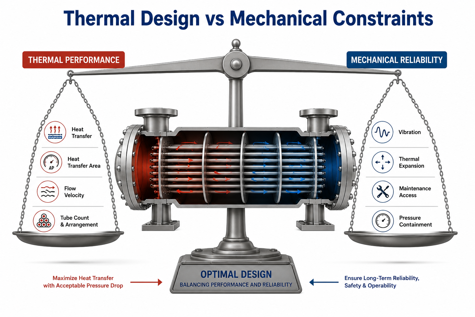 Thermal design balanced with mechanical constraints in a shell and tube heat exchanger